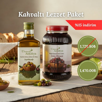 Kahvaltı Lezzet Paketi: 3 Lt Soğuk Sıkım Zeytinyağı & 3 Lt Odun Ateşi Pekmezi (Avantajlı Boy) - DAMAK ANTAKYA